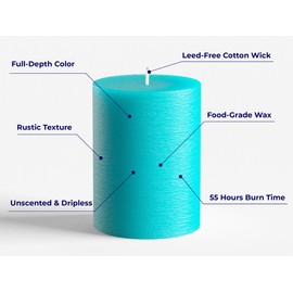 Melt Candle Company Set of 3 Pillar Candles 3" x 4" Fragrance Free Handpoured Weddings, Home Decoration, Restaurants, Spa, Church Smokeless Cotton Wick - Turquoise