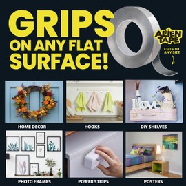 ALIEN TAPE Nano Double Sided Tape Reusable Washable Transparent Traceless Multi-Purpose Adhesive Tape with Nano-Grip Technology for Indoor & Outdoor Mounting Tape As Seen On TV (Set of 6) (8661FE)