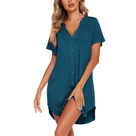 Ekouaer Women Nightgown Cotton Pajama Shirt Dress Above Knee Loungewear Blue Green