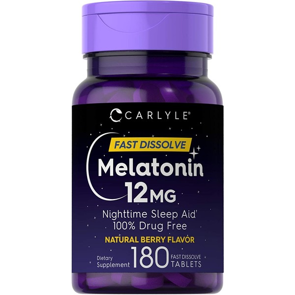 Carlyle Melatonin 12 mg Fast Dissolve 180 Tablets | Nighttime Sleep Aid | Natural Berry Flavor | Vegetarian, Non-GMO, Gluten Free