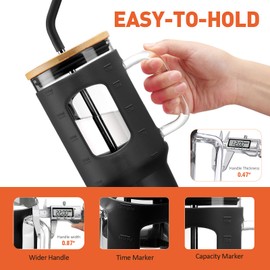 WINSA Glass Tumbler with Straw and Lid, 40 oz Glass Cup with Handle, Glass Water Bottles with Time Marker, 2 Straws - Pearl Straw & Drinking Straw Silicone Protective Sleeve-Black