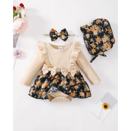 Renotemy Baby Girl Clothes Winter Fall Newborn Girl Clothes Infant Baby Girl Dresses Baby Girl Outfit Baby Flower Girl Dress with Sunhat Baby Clothes For Girls Rib Knit 0-3 Months Baby Girl Clothes