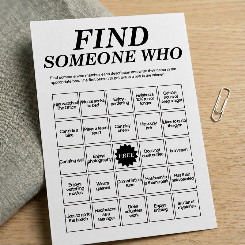 Find Someone Who Bingo Cards, 25 Unique Randomized 5x7 Sheets,
