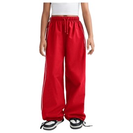 RoseSeek Girl's Wide Leg High Waist Sweatpants Side Striped Extra Long Baggy Track Pants Trousers Red 8Y