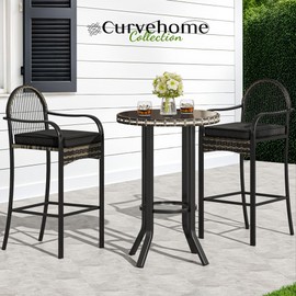 YITAHOME 3-Piece Outdoor Wicker Bar Height Set with Cushioned Barstools, Patio Bistro Furniture for Balcony and Poolside, Black