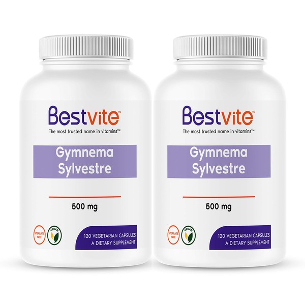 BESTVITE Gymnema Sylvestre 500mg (240 Vegetarian Capsules) (120 x 2) - Standardized to 75% Gymnemic Acid - No Stearates - No Fillers - No Flow Agents - Vegan - Non GMO - Gluten Free