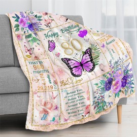 80th Birthday Blanket, 80 Year Old Gifts for Women, Happy 80th Birthday Gifts, Fun Butterfly Flower Throw Blanket Gifts for Anniversary Christmas, Super Soft Warm Plush Flannel Fleece Blankets 60"X50"