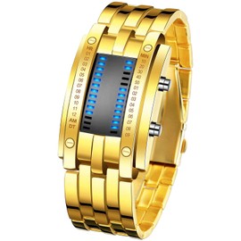 PASOY Binary Blue LED Digital Watch Mens Classic Creative Fashion Square Black Plated Women Date Wrist Watches (Black)