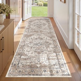 3x8 Washable Runner Rug :Hallway Runner with Non Slip Backing Farmhouse for Bedroom Bathroom Living Room Rug Vintage Large Soft Entryway for Kitchen Laundry Room Stain Resistant Carpet-Tea Brown