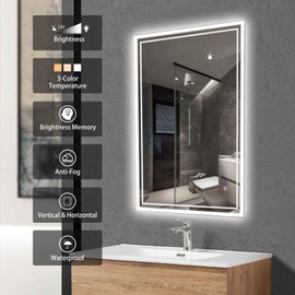 Elefloom LED Bathroom Mirror, 28x48 Inch Front and Backlit Lighted Vanity Mirror, Anti-Fog Dimmable 3 Colors CRI>90 Wall Mounted LED Mirror for Bathroom, Memory Function, Shatter-Proof, ETL Listed
