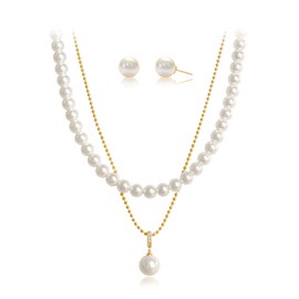 NR Natural Reserve 18k Gold Plated Jewelry Set for Women Layered White Round Simulated Pearl Necklaces and Stud Earrings Dainty Trendy Cubic Zirconia Jewelry Gifts