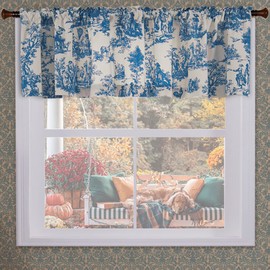 Blue Valance for Living Room Kitchen Window Curtains Over Sink,Floral French Country Vintage Chinoiserie Decor Cream Beige White Toile Rod Pocket Decorative Curtain Topper for Bathroom Bedroom,18 Long