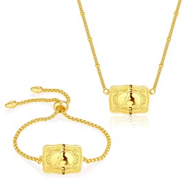 Kwkppz 2 Pcs Belt Buckle Initial Necklace Bracelet Jewelry Set for Women, 18K Gold/Silver Plated Belt Buckle Initial A-Z Necklace Bracelet Set Unique Western Style Jewelry Gifts (Gold-A.)