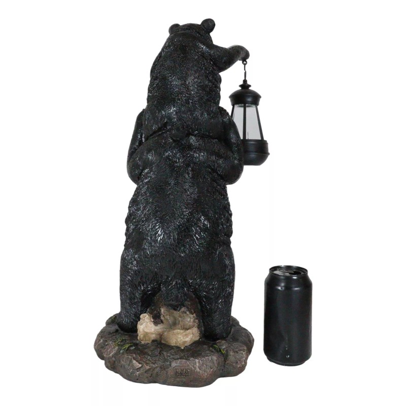 Rustic Black Bear Carrying Cub On Shoulder Statue Solar LED
