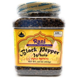 Rani Black Pepper Whole (Peppercorns), Premium Indian MG-1 Grade 16oz (1lb) 454g Bulk PET Jar ~ All Natural | Gluten Friendly | Non-GMO | Perfect size for Grinders!