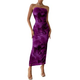 PRETTYGARDEN Women's Summer Maxi Bodycon Dresses Strapless Tube Top Printed Long Party Club Slit Dress (Floral Purple,Large)