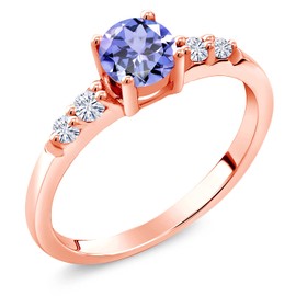 Gem Stone King 18K Rose Gold Plated Silver 5MM Round Gemstone Birthstone and White Lab Grown Diamond Engagement Ring | Wedding Anniversary Promise Ring For Women | Available In Size 5, 6, 7, 8, 9