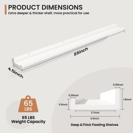 Fun Memories Picture Ledge Shelves Set of 2, 55 Inch Rustic Wall Mounted Floating Shelves with Lip for Home Storage and Décor in Bathroom, Kitchen, Nursery, Bedroom, Living Room, White