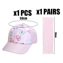 XMNIVATE 1 Baseball Cap, 1 Pair of Sun Protection Sleeves, Ponytail Hat for Girls, Wide Brim Sun Hat, Adjustable Hat, Butterfly Print Peaked Cap, Outdoor Sun Protection Suit Pink