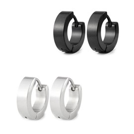 2 Pairs (4 Pieces) of Earrings Black and Silver Stainless Steel Women's and Men's Creoles 4 mm Wide 13 mm Diameter)