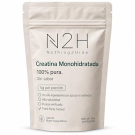 N2H Creatina Monohidratada 100% Pura, 600g, 5 g por Porción, Sin Sabor, 200 Mesh, Sin Azúcar, Sin Rellenos, Libre de Lácteos y Soya, Third-Party Tested (Sin sabor, Bolsa, 600g)