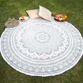 Round Ombre Tapestry - 72 Inch Silver Chakra Mandala Roundie Boho Hippie Tablecloth Pure Cotton Beach Throws for Picnic and Camping
