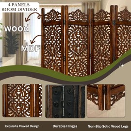 Light & Pro Wood Heart Design Handmade Hinged Foldable Partition 4 Panel Room Divider Screen with Intricately Carved Designs, Pre Assembled - Ready to Use - 48" x 1" x 64", Burnt