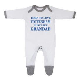 "Spurs Baby Sleepsuit - 'Born To Love Spurs Just Like Grandad - Soft 100% Combed Cotton Football-Themed Baby Sleepsuit for Football Fans" (UK, Age, 9 Months, 12 Months, White/Grey Trim)