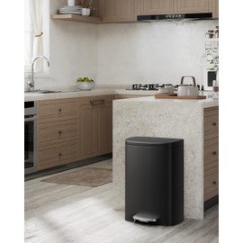 Garvee 13 Gallon / 50 Liter Metal Kitchen Trash Can with Lid, Large Rustproof Garbage Can for Kitchen, Step-on Trash Bin with Inner Bucket, Rear Handle, Soft Close Lid, Black