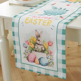 meioro Easter Table Runner for Home Decor, Rabbit Eggs Plaid Check Table Runners, 30x120cm Spring Holiday Floral Table Cover, Table Decoration for Kitchen Dining Room Party (Style-A)