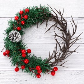 Suncalla 11" Jesus Crown of Thorns Small Christmas Wreath for Front Door, Jesus is The Reason of The Season Artificial Pine Needles Wreath with Berry Pinecone for Wall Window Fireplace Ornament Decor