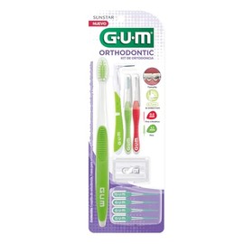 GUM - Kit de Cuidado Bucal para Ortodoncia con Cepillo Especializado en Forma de V, Cera Protectora, Cepillos Interdentales y Palillos Soft Picks con Sabor a Menta - Modelos y Colores Surtidos