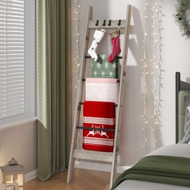 Hzuaneri Blanket Ladder for Living Room, Decorative Quilt Rack with 4 Removable Hooks, 6-Tier Farmhouse Ladder Holder Shelf Organizer for Bedroom, Greige and Black BR31505B