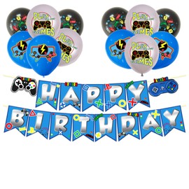 bng-bng Game Birthday Video Decoration Game Happy Birthday Bunting Banner and Balloons For Game Theme Party Decorations Boys Girls Kids Party Supplies Backdrop Blue