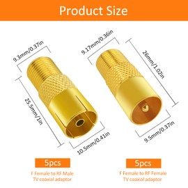 10 Pieces F Female to RF Male Female Coaxial Adapter, KUOQIY TV 9.5 5 Male & 5 Female to F Type Screw Connector Female Converter, F-Type Female to TV Antenna Adapter, Gold-Plated