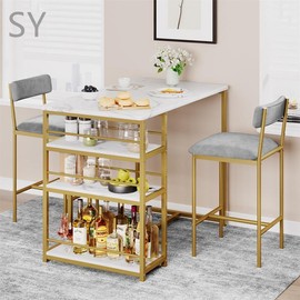 SY-Hot Selling Dining Table Set for 2,3 Piece Counter Height Bar Kitchen Table Set with 3 Storage Shelves for Small Space,Apartment,Kitchen Table and Chairs for 2 with Upholstered Chairs,Easy to Assemble - Colour: Rustic Brown, Size: Table and 2 Upholste