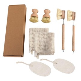 KEJJRIUTN Kitchen Cleaning Set, 8 Pieces with Pot Brushes and Cleaning Cloths, Wooden Handle Scrubbers