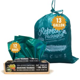 All Purpose Kitchen Trash Bags - 100% Certified Compost Safe Garbage Bag - Yard Waste Green Bin Liners - 10L / 3 Gallons - Drawstring Handles for Easy Use - 20 Bags Per Box