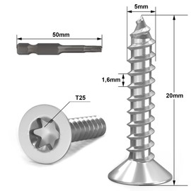 Dayalo Pack of 50 Wood Screws Stainless Steel M5 x 20, Wood Screws Torx Countersunk Screws Wood Stainless Steel A2 V2A Full Thread with Screwdriver Bit