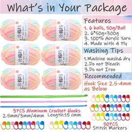 Crochet Yarn Balls(6 X 50g, 4-Ply), Knitting Wool Yarn for Crochet, Double Knitting Wool with Aluminum Crochet Hooks Stitch Markers, Acrylic Yarn for DIY Craft and Crochet Project (A-Summer Lotus)
