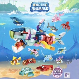 WULOBOOI 12 Ocean Animal Party Favors Mini Building Blocks for Kids, 12 in 1 Shark Building Sets Stem Toys for Classroom Prizes Gift Bag Fillers Easter Birthday Gifts Boys Girls 6-12