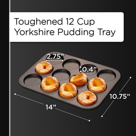 Wrenbury Toughened Yorkshire Pudding Pan 12 Hole - Shallow Non Stick Baking Tin - Heavy Carbon Steel - PFOA Free Food Safe - Perfect for British Yorkshires