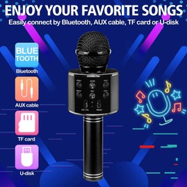 ROSY CLOUD Wireless Bluetooth Karaoke Microphone for Kids, 5-in-1 Portable Handheld Karaoke Mic Speaker Player Recorder with Adjustable Remix FM Radio for Kids Girls Boys (with 32G TF Card,Black)