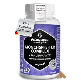 Vitamaze Monk's Pepper Complex with Women's Coat, Vitamin C, Zinc, B6, Folate & B12, 270 Vegan Capsules for 9 Months, Bioactive Folate, Only 1 Capsule Daily, Made in Germany