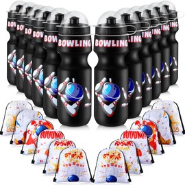 Hosuly Bowling Party Favors 12 Pcs 24 oz Bowling Ball Water Bottle and 12 Bowling Drawstring Bags, Plastic Water Bottles Bulk Sport Gym Goodie Gift Bag for Student Office School Reward