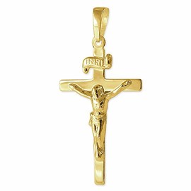 CLEVER SCHMUCK Goldener Anhänger Jesus Kreuz 25 mm INRI Flache Elegante Form und glänzend 333 Gold 8 Karat