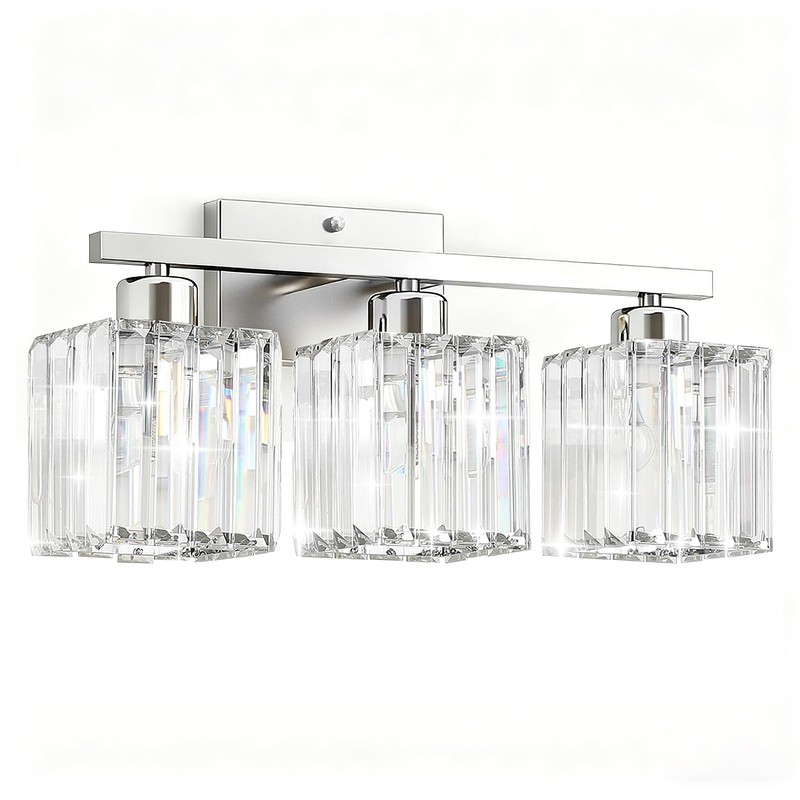 GOLSPARK Modern Crystal Bathroom Vanity Light, 3-Light Brushed Nickel Vanity