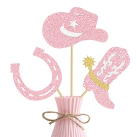 12Pcs Cowgirl Hats Boots Horseshoe Centerpiece Sticks Pink Glitter Disco Cowgirl Party Centerpieces for Table