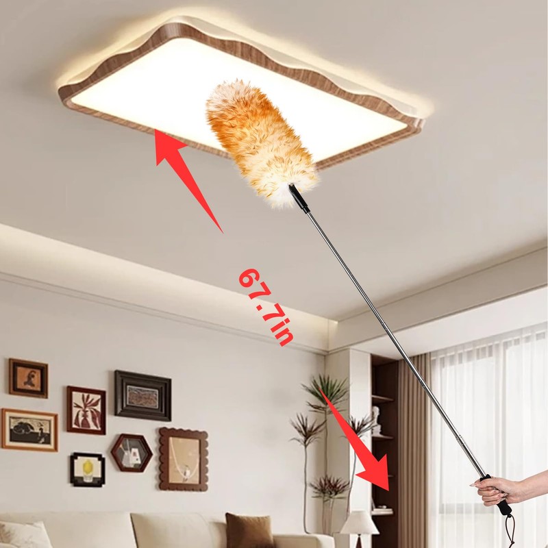 FeelfunFeather Lambswool Extendable Duster,67.7Inch Telescoping Feather Dusters with Stainless Steel