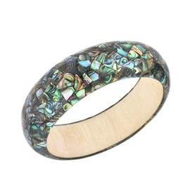 AeraVida Mosaic Peacock Abalone Shell Inlay on Wood Bangle Bracelet | Handmade Fashion Jewelry with Natural Shell and Smooth Wooden Finish | Lightweight Slip-On Design